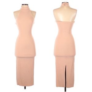 NEW Olivaceous Halter Turtleneck Bodycon Midi Dress Nude Dusty Rose Beige